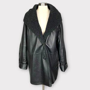Vintage XOE New York Womens Black Leather Oversized Coat Shearling Lining size S